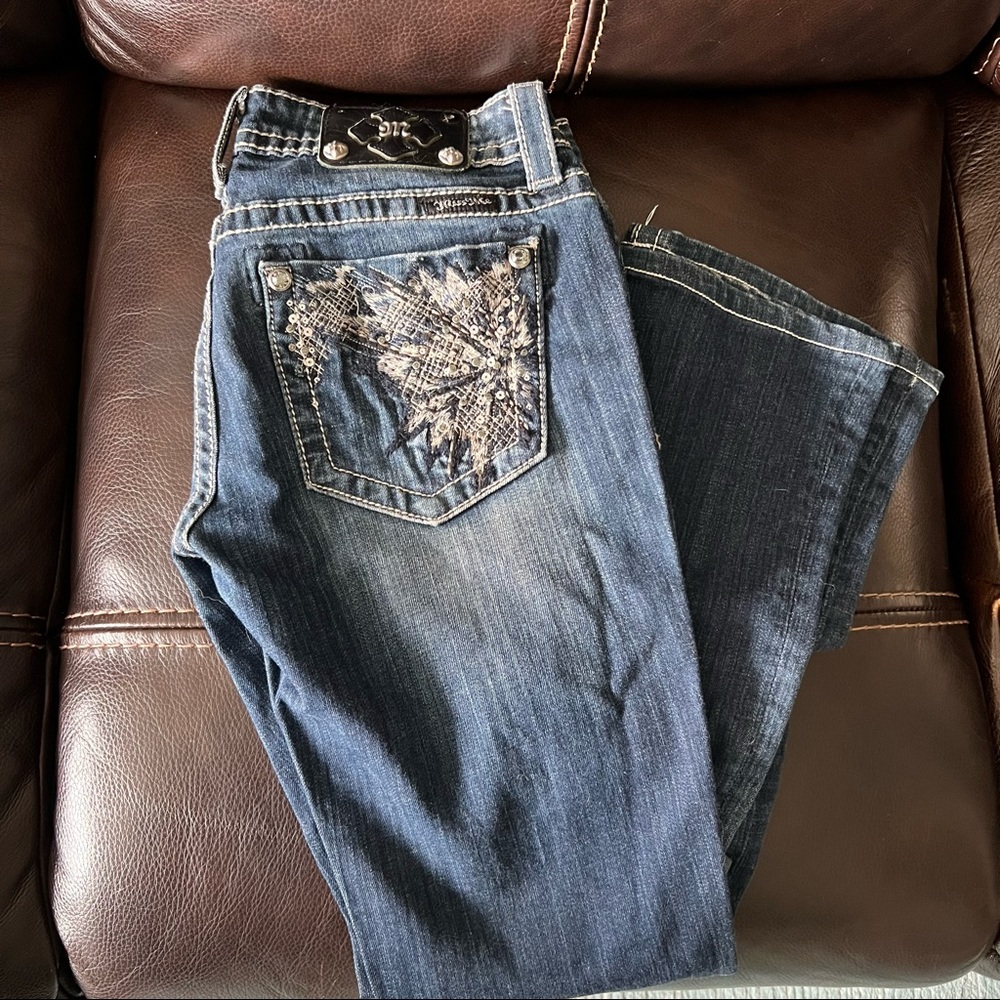 Miss Me Boot Cut Jeans with stitching + embellishment pockets
